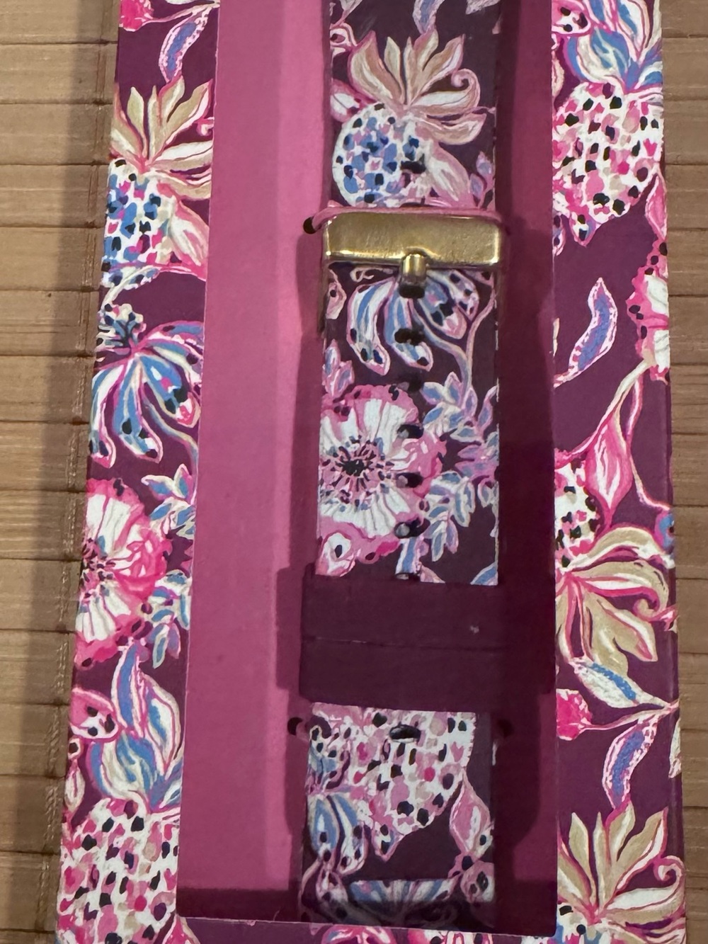 Lilly Pulitzer Floral Pink and Blue Leather Belt with Gold Buckle